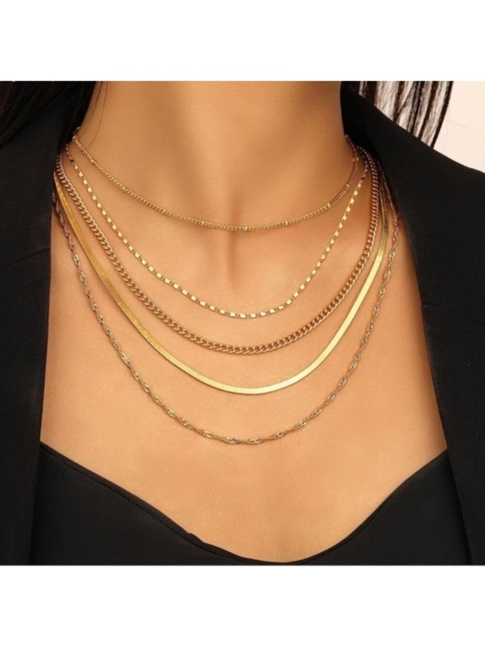 GOLD 14k Gold Plated 5pc Chain Necklace Set